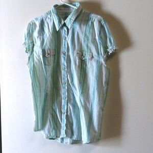 Twenty X striped western blouse XL cotton white aqua green embroidered
